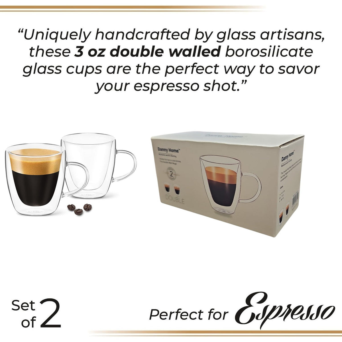 80ml 2-Pcs Danny Home Double Walled Espresso Glasses With Handle Set