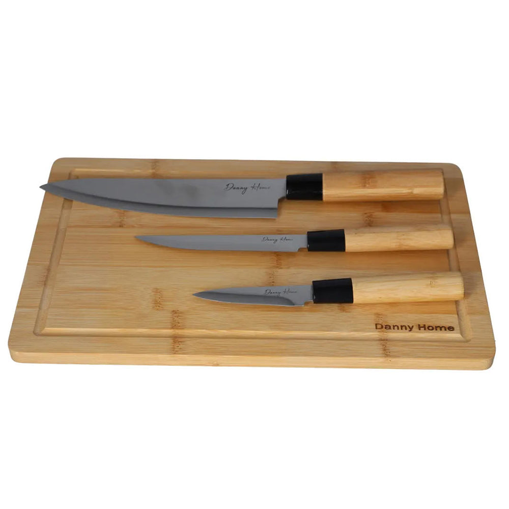 Danny Home 3-Pcs Stainless Steel Multipurpose Knife With Bamboo Cutting Board Set