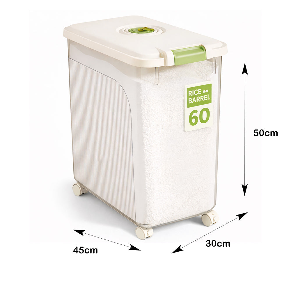 Leak-Proof Rice Storage Container – 60L Airtight PP Bin with Wheels