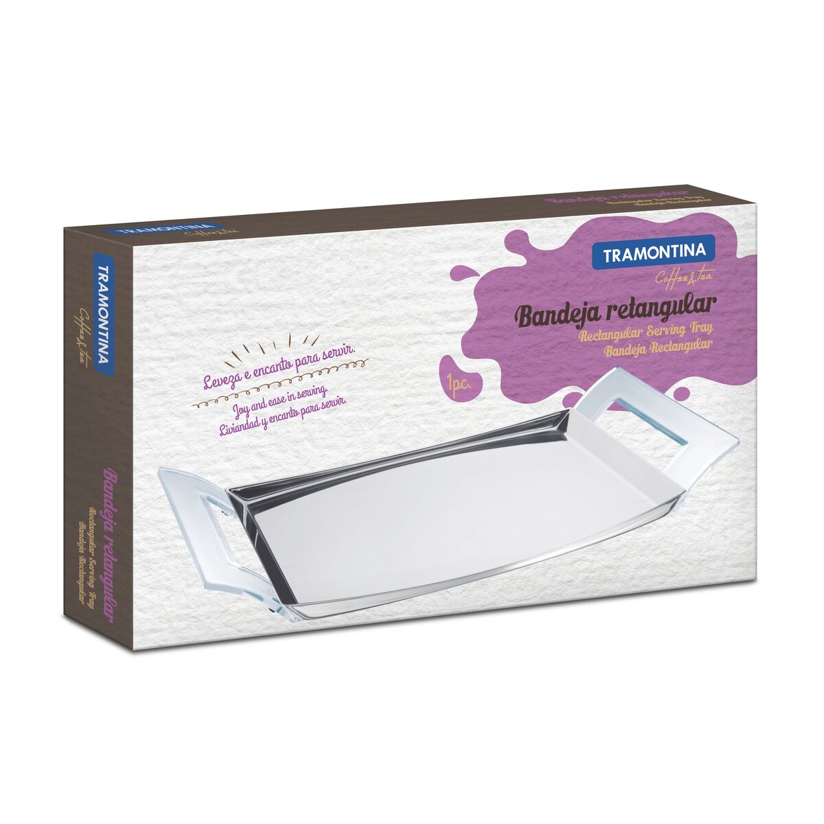 Tramontina rectangular stainless steel tray with red SAN handles 46x27 cm