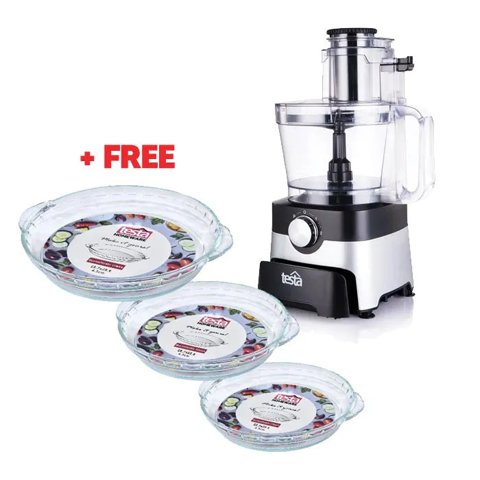 TESTA – Food processor 3.5 L blender 1.8 L 1000W 9 functions + 3 Glass Round Dishes