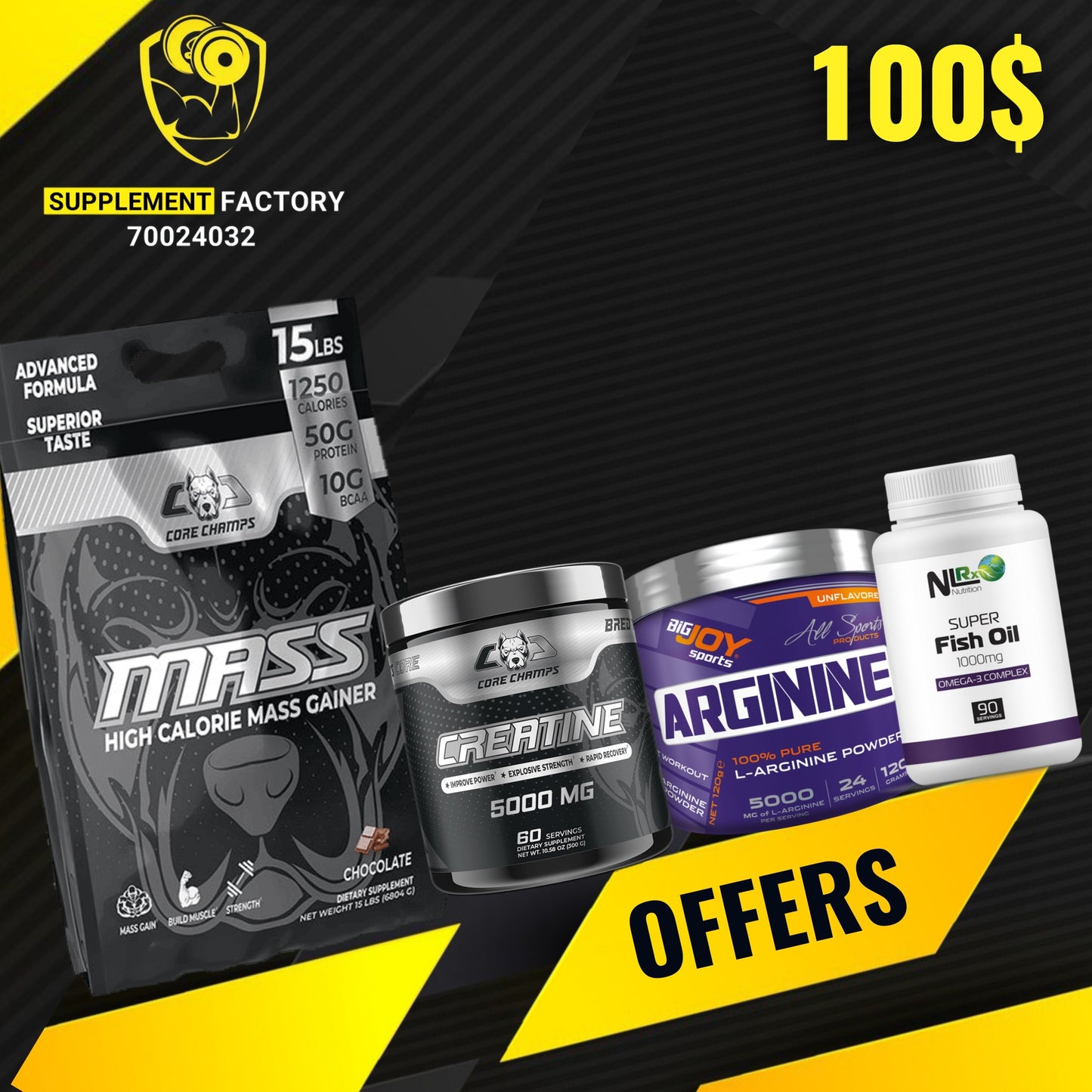 Gainer + Creatine + Arginine + Fishoil