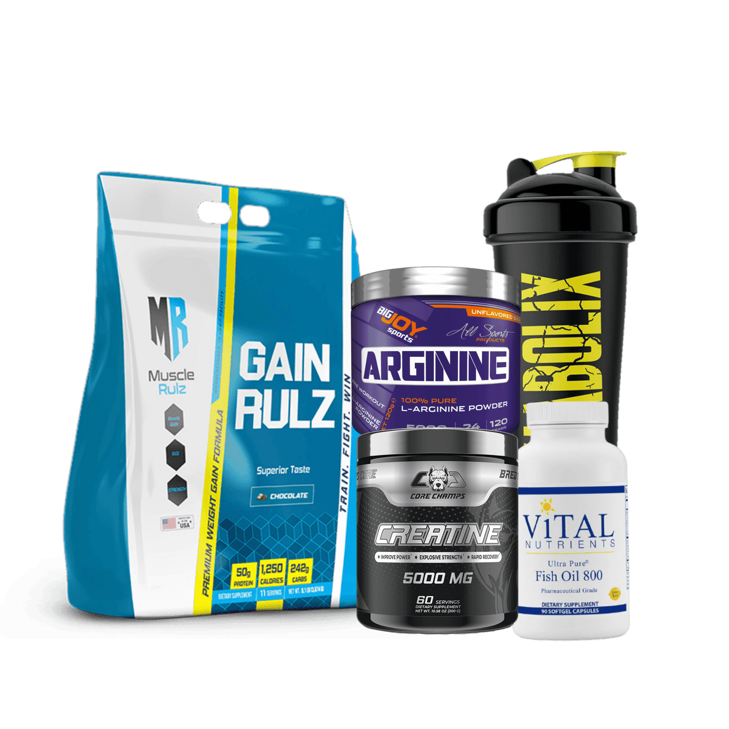 Gainer Rulz + Creatine + Arginine + Fishoil + Shaker