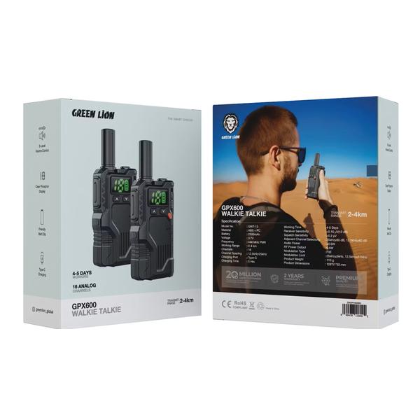Green Lion GPX600 Walkie Talkie, with 16 Analog Channels, Clear Phosphor Display, 8-Level Volume Control, 2-4km Transmit Range, 4-5 Days Working Time