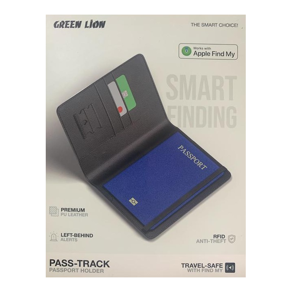 Green Lion Smart Finding Pass-Track Passport Holder, RFID Anti-theft, Premium PU Leather, Left-behind Alerts, Works with Apple Find My, Travel-Safe, GNPASHLFIDBK