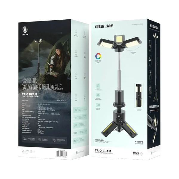 Green Lion Trio Beam Tripod Camping Light, Water-Resistant, Type-C Charging, SOS Mode, Memory Function, 5-Level Brightness, GNTBCL7CLBK