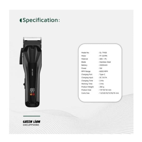 Green Lion Clip Pro Professional Hair Clipper, Model GL-TM26, GNCLIPP5WBK