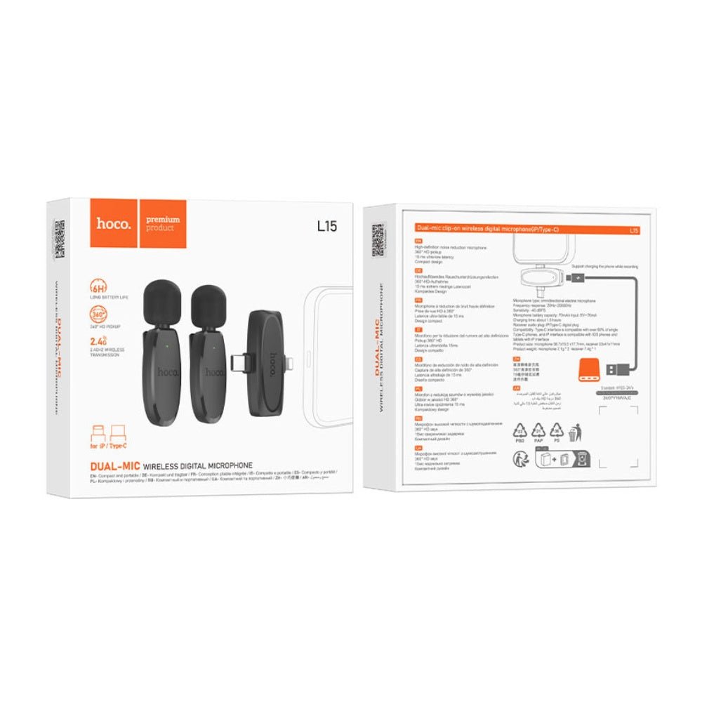 Hoco L15 Dual Wireless Microphone Clip-ON Lightning and USB-C