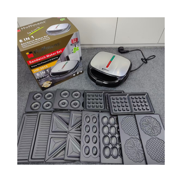 Hoffmans 6 In 1 Electric Breakfast Maker, Waffle Maker, Panini Press Grill Maker, Donut Maker, Sandwich Maker, Crepe, Omelette, Nut Maker, Snacks and Desserts with Detachable Plates,1000W HM-3013