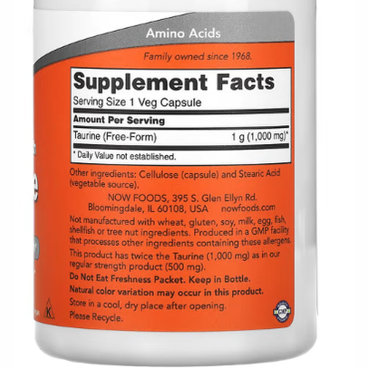 NOW Foods Taurine 1000 mg Double Strength 100 Veg Capsules