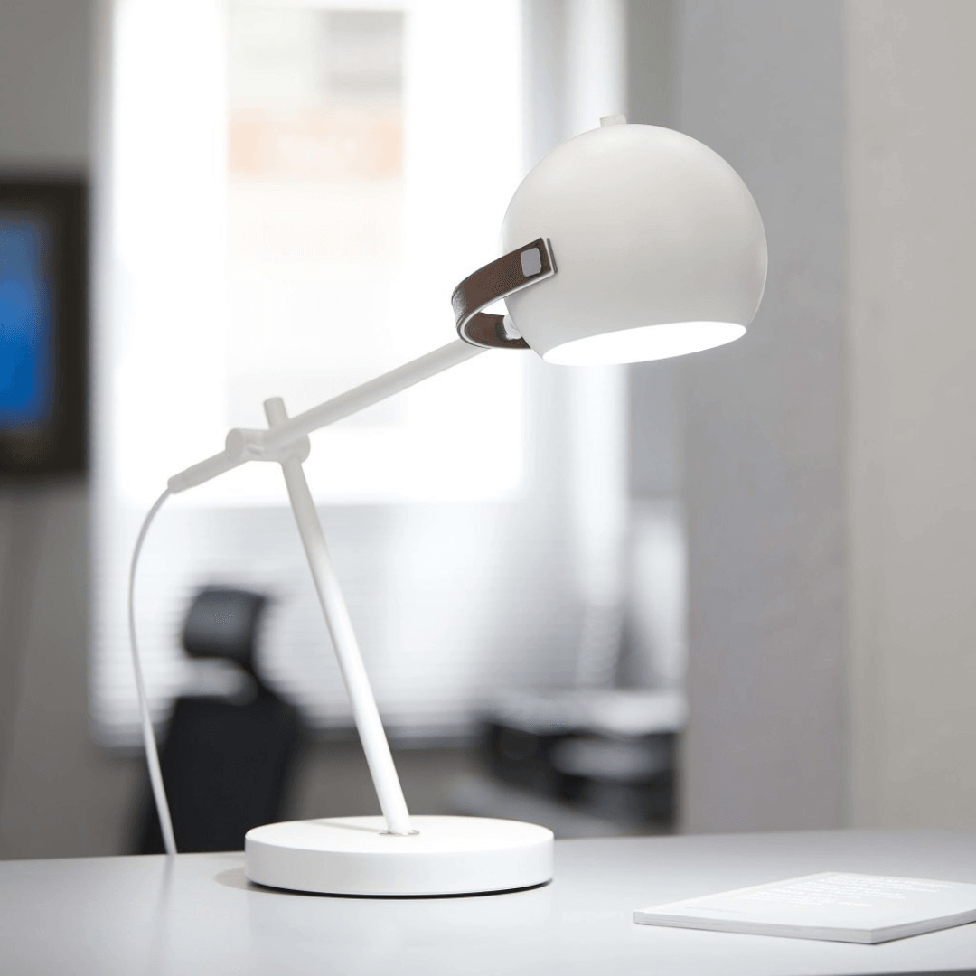 LED Scandi Table Lamp In White With Leather Look Table Lamp