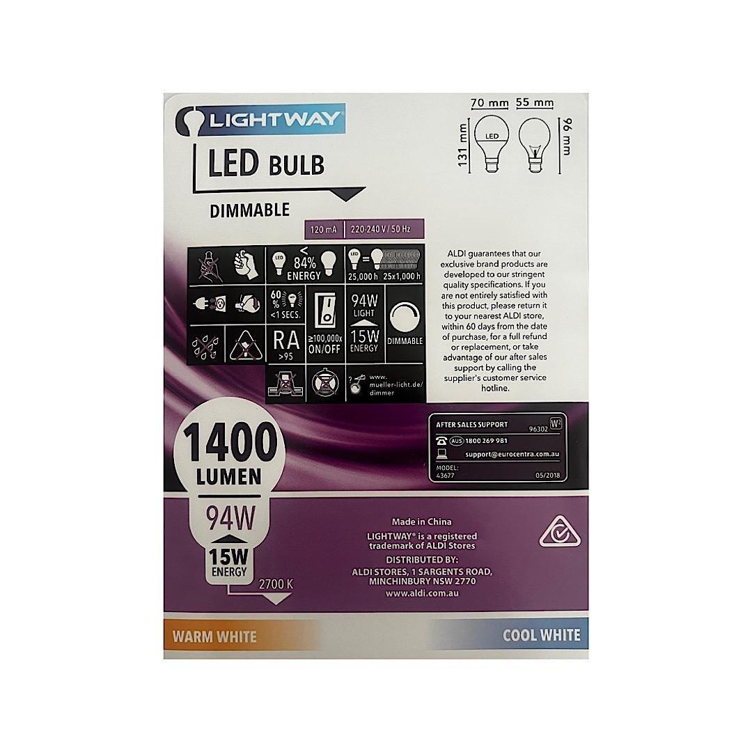 Lightway Super Premium Dimmable LED Bulb 15W=94W