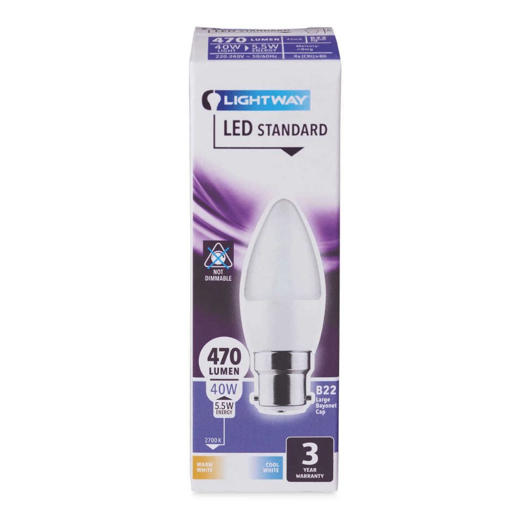 LIGHTWAY LED Candle Bulb Dimmable Warm White B22D Bayonet Cap 5.5W=60W