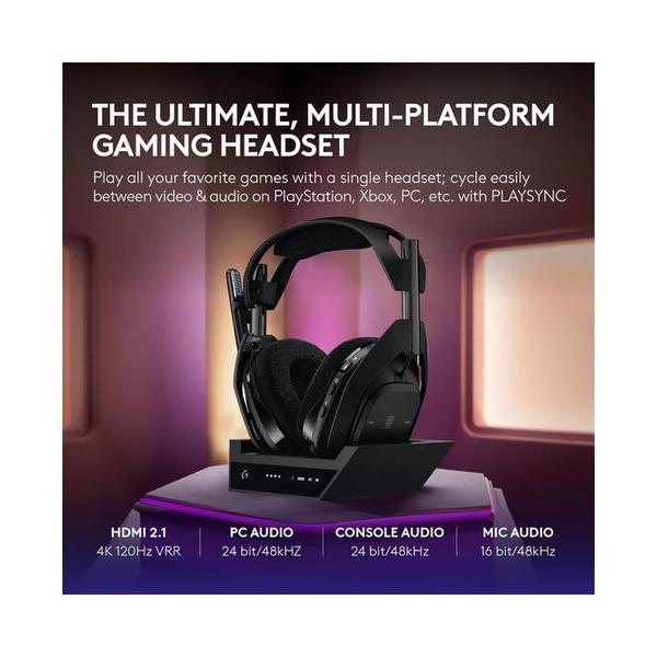 Logitech G Astro A50 X Omni-Platform Wireless Gaming Headset + Base Station for PS5, Xbox, PC: PLAYSYNC Video & Audio Switcher, HDMI 2.1 4K 120Hz VRR, <24 bit/48 kHz, 24hr Battery, 2.4GHz & BT
