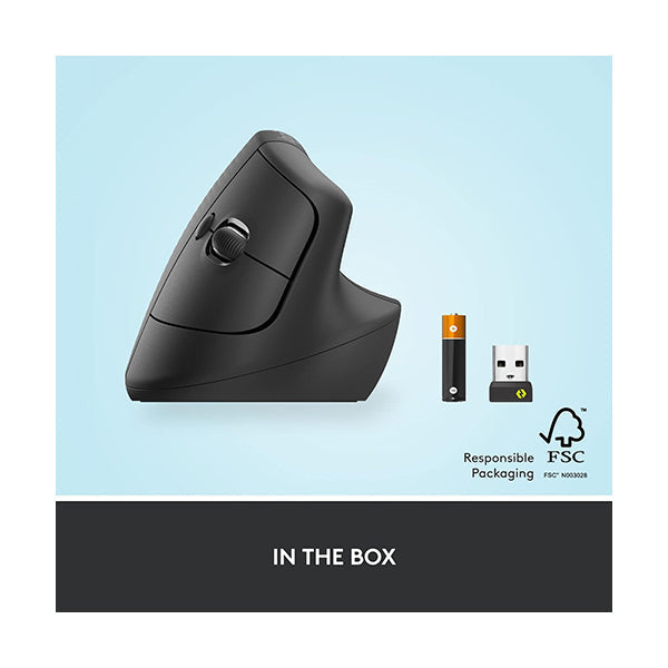 Logitech, Lift Vertical Ergonomic Mouse, Wireless, Bluetooth or Logi Bolt USB receiver, Quiet clicks, 4 buttons, compatible with Windows/macOS/iPad, Laptop, PC - 910-006473