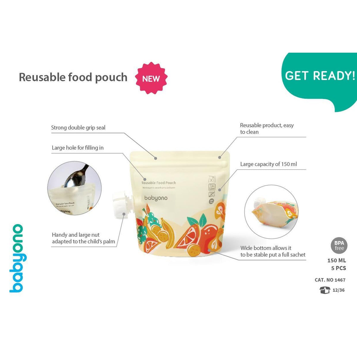 BabyOno - Reusable Food Pouch 150ML - 5pcs
