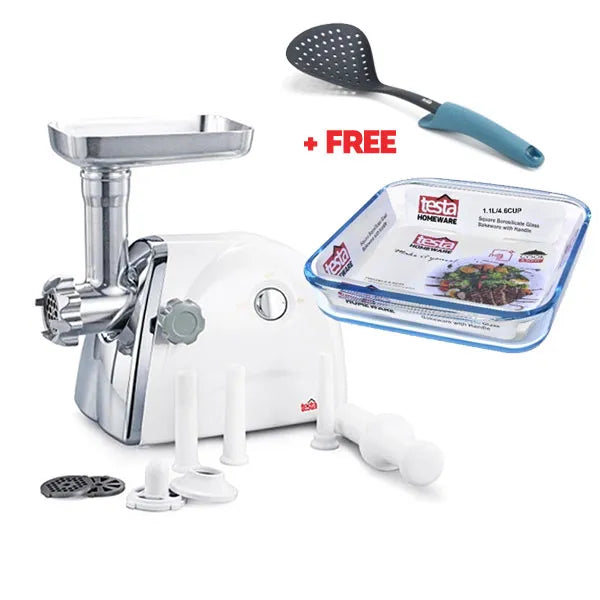 TESTA – Meat Grinder 1000W 1kg/minute + FREE Glass Bakeware 1.1L + Testa Skimmer
