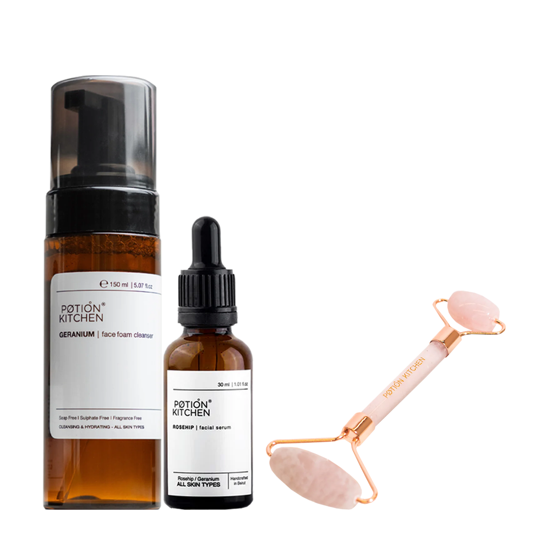 15% OFF: Rosehip Facial Serum 30ml + Potion Kitchen Geranium Face Foam Cleanser + Rose Quartz Skin Roller - Medaid