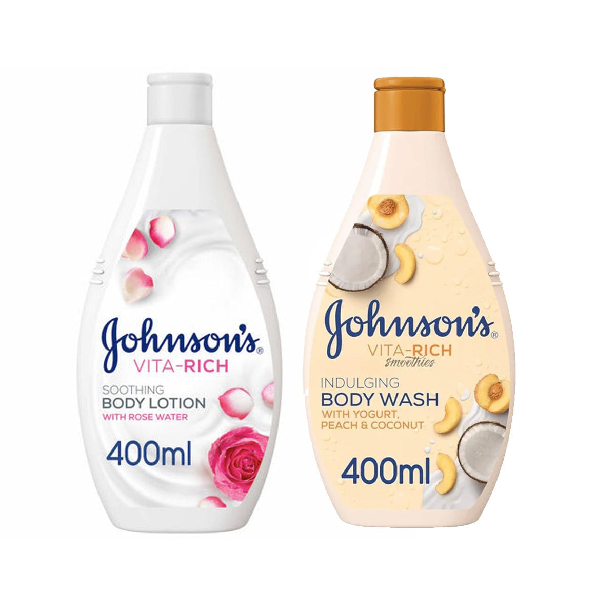 15% OFF Buy 1 Johnson's Vita-Rich Body Wash Replenishing Peach Yogurt 400ml + Johnson and Johnson Body Lotion Vita-Rich Soothing Rose Water 400ML - Medaid
