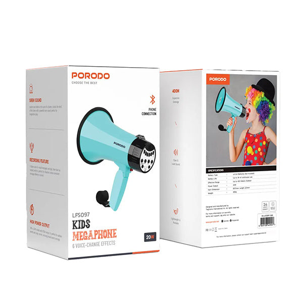 Porodo LFS097 Kids Megaphone with 6 Voice-Change Effects, 20W, Bluetooth Phone Connection, 400M Expansive Coverage, Clear and Loud Sound, Lightweight & Portable