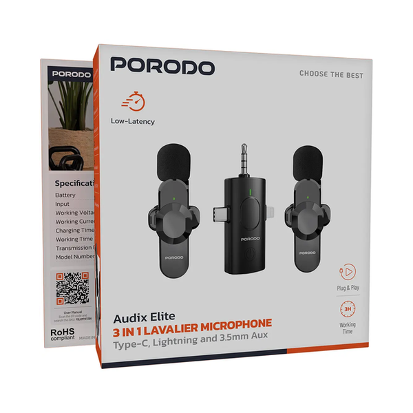 Porodo Audix Elite 3 In 1 Lavalier Microphone, USB-C, Lightning & 3.5mm Aux, PDLAMPHF13BK