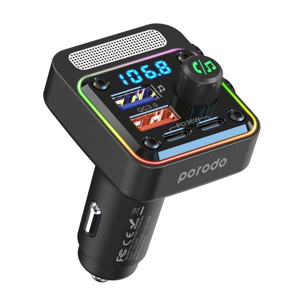 Porodo Quick-Charge FM Transmitter, Car Charger, Dual USB-C & USB-A, PD 36W, Built-in Microphone, PD-FMT36W-BK