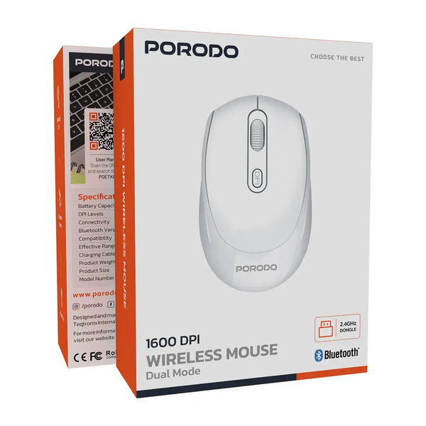 Porodo 1600DPI Wireless Mouse Dual Mode, Bluetooth & 2.4GHz Dongle, PDETK04