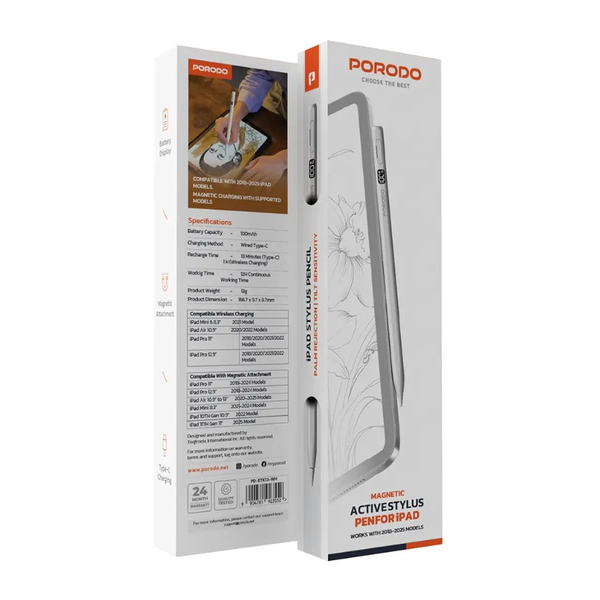 Porodo Magnetic Stylus Pen for Apple iPad (2018-2025) Pencil with Dual Wireless & USB-C Charging, Palm Rejection, Tilt Sensitivity, and LED Battery Display, PDETK13