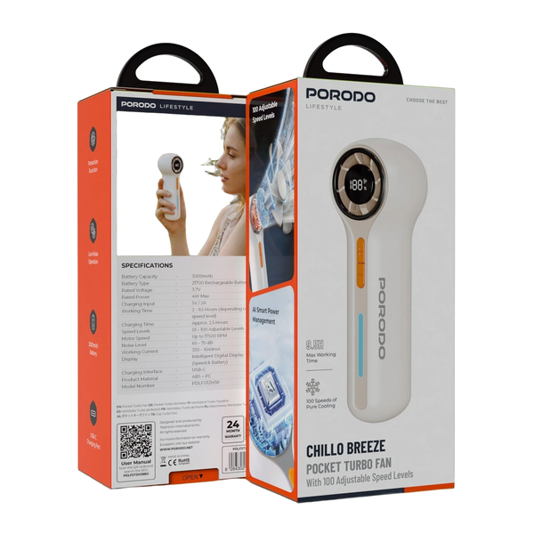 Porodo Lifestyle Chillo Breeze Pocket Turbo Fan with 100 Adjustable Speed Levels