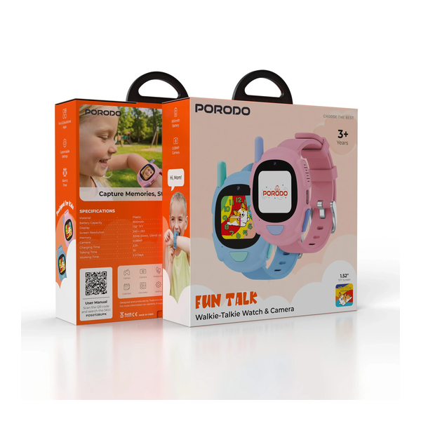 Porodo Fun Talk Walkie-Talkie Watch & Camera, Blue/Pink