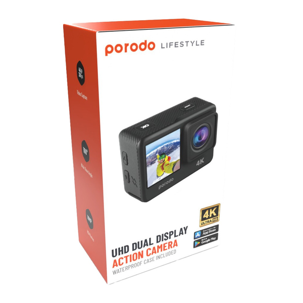Porodo Lifestyle Go Act Waterproof UHD Dual Display Action Camera 900mAh, PD4KACAMBK
