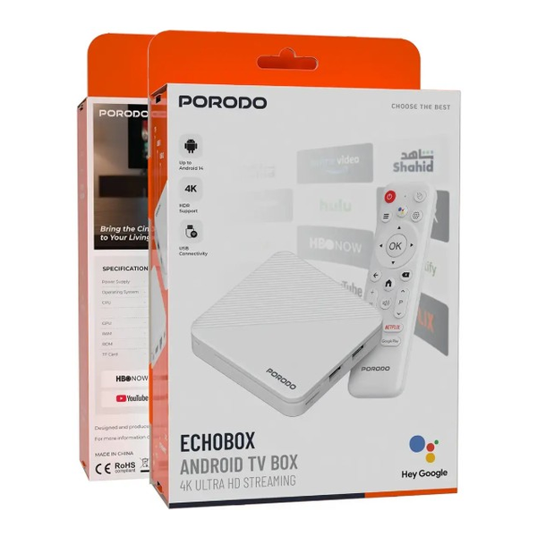Porodo Echobox Android TV Box with 4K Ultra HD Streaming, Fully supports MBC Shahid, Netflix, Hey Google, YouTube, Hulu, Prime Video, Disney+, Spotify, Pixar, Wi-Fi, 2 USB Ports, TF Slot, Lan, HD/AV Interface, PDH96MAXWH