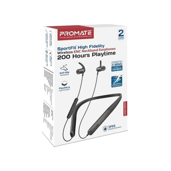 Promate Leap-200H SportFit™ High Fidelity Wireless ENC Neckband Earphones with 200 Hours Playtime