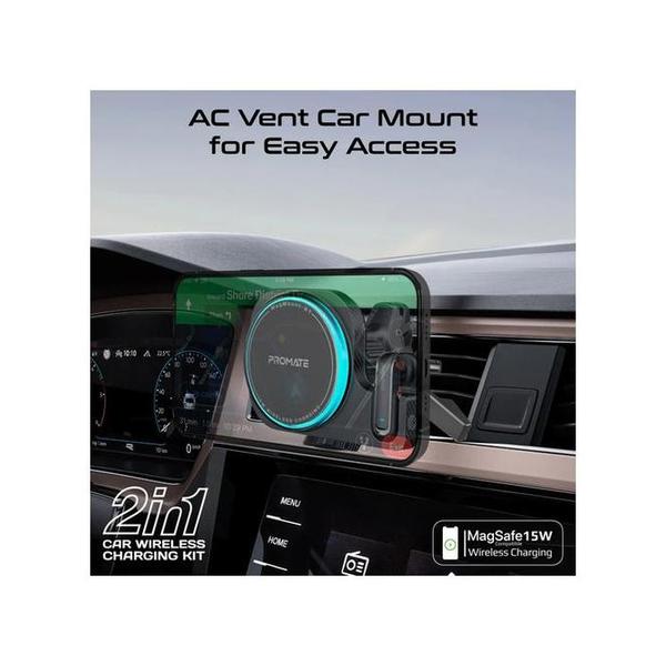 Promate MagMount-BT 2-in-1 MagSafe Compatible 15W Wireless Car Charger with Built-in Wireless Mono ENC Earphone