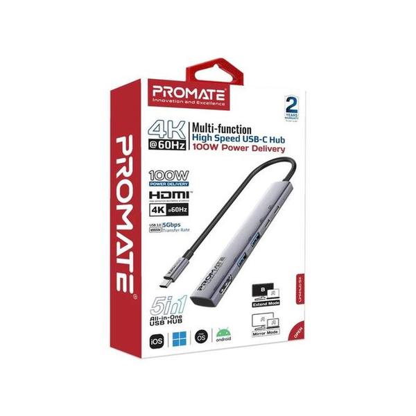 Promate LinkHub-5X 4K@60Hz Multi-function High-Speed USB-C Hub with 100W Power Delivery