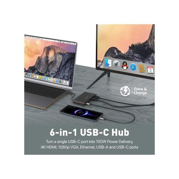 Promate MediaHub-C6 6-in-1 Highly Versatile USB-C Media Hub with 100W Power Delivery