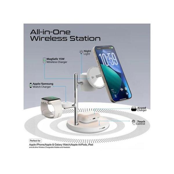 Promate Synergy-3 4-in-1 Qi2 Certified MagSafe Compatible Wireless Charging Station w/ Soft-Glow Night Lamp