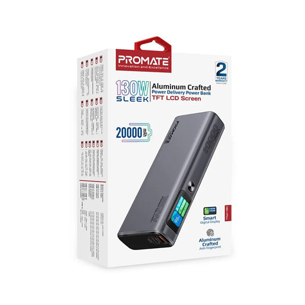 Promate, Titan-130, Sleek 130W Multi-Port Power Delivery Power Bank with TFT LCD Screen
