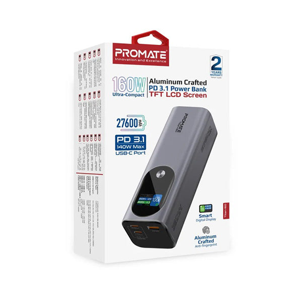 Promate, Titan-160, Ultra-Compact 160W Multi-Port PD 3.1 Power Bank with TFT LCD Screen