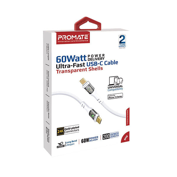 Promate, Transline-CC200, 2m USB-C To USB-C Cable with Transparent Connectors - TRANSLINE-CC200