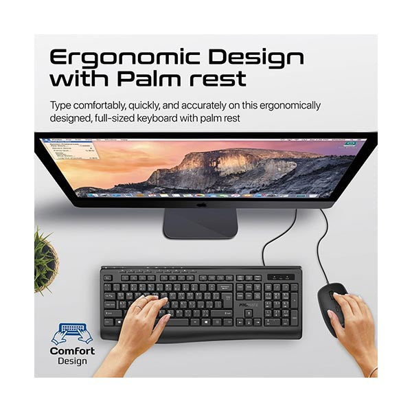 Promate Wired Keyboard and Mouse Combo, Ergonomic Slim Full-Size Quiet Keyboard, 2400 DPI Ambidextrous Mouse, Spill-Resistance, Media Keys, Plug and Play for iMac, MacBook Pro, Dell, Combo-CM4 - EN/AR