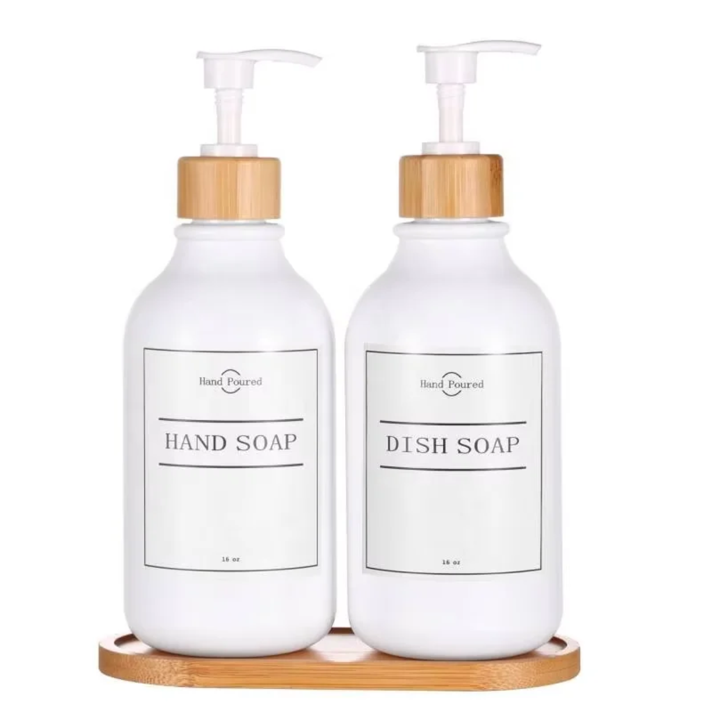 WHITE PLASTIC SOAP BOTTLES SET WITH BAMBOO BASE SET OF 2 PCS