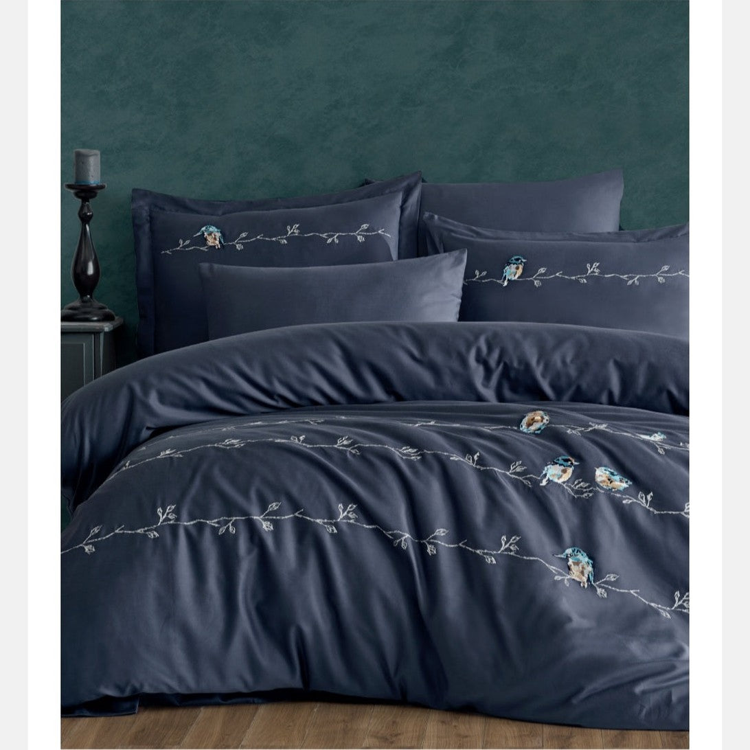 Vogel navy - Cotton Satin Embroidered Duvet Cover Set Double