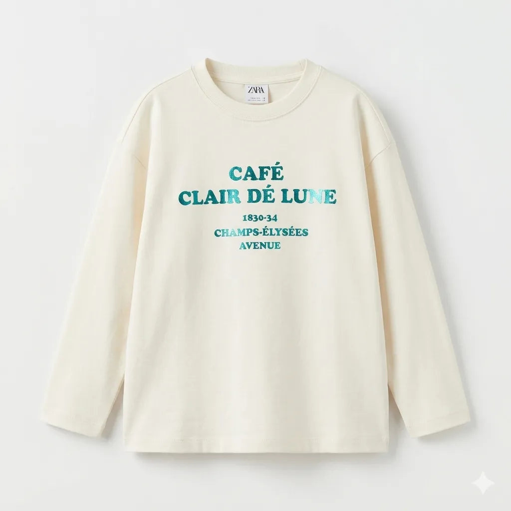 Zara Girl's White Chest Graphic Crew Neck Long Sleeve Blouse|Zara in Lebanon