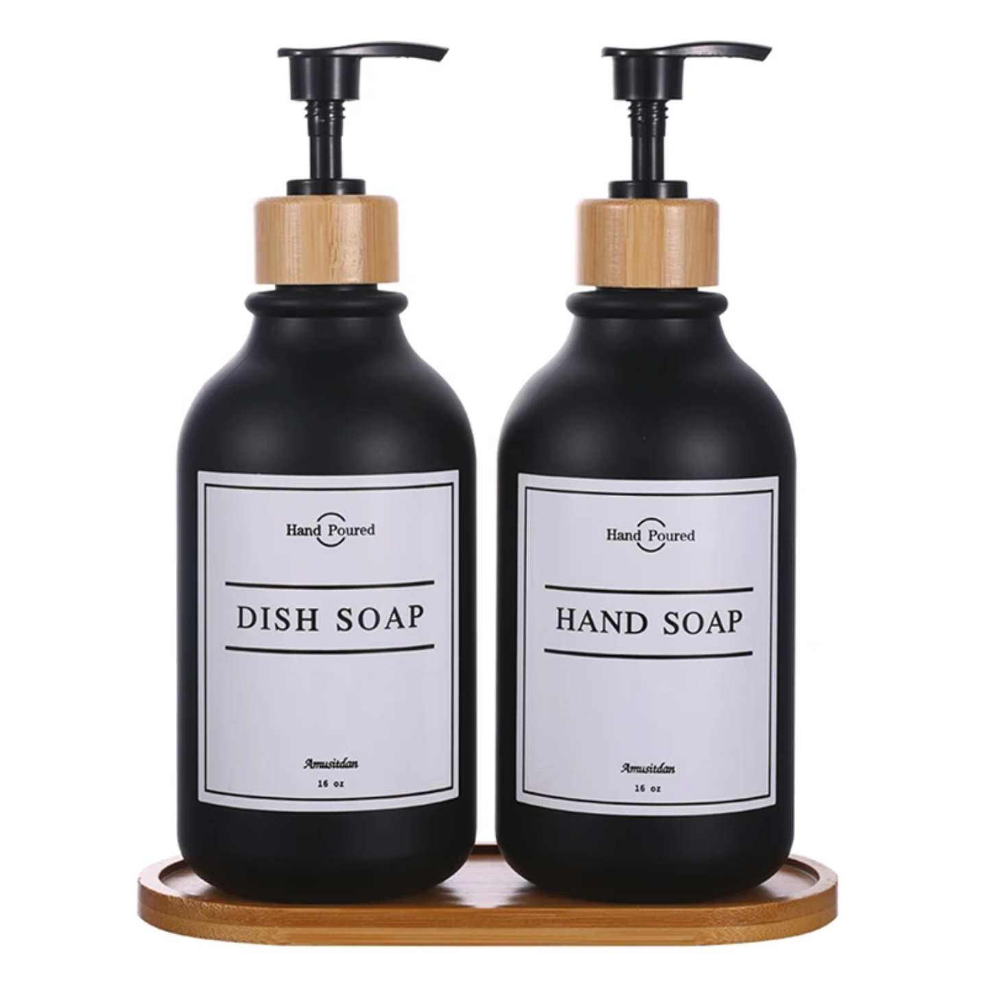 BLACK PLASTIC SOAP BOTTLES SET WITH BAMBOO BASE SET OF 2 PCS