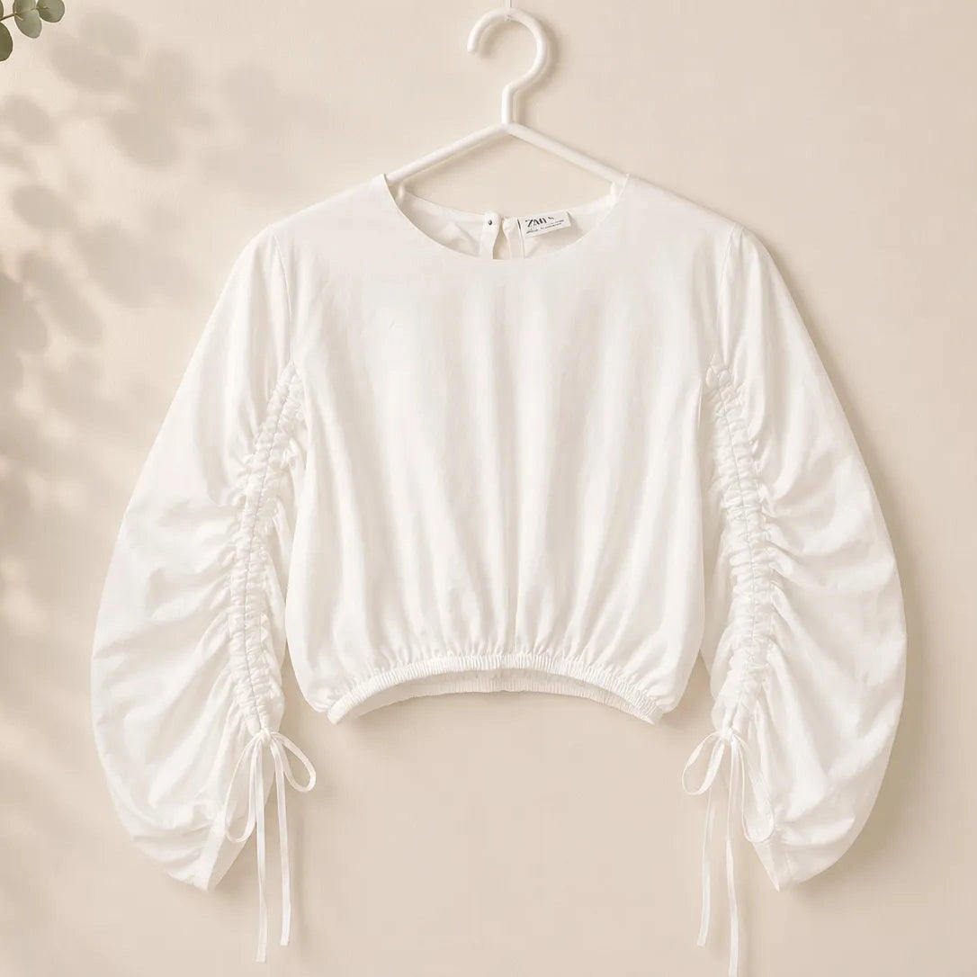 Zara Girl's White Gathered Sleeves Cropped Blouse | Zara In Lebanon