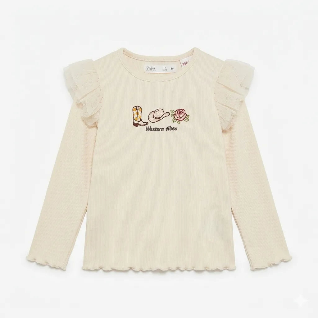 Zara Girl's Cream Western Vibes Ribbed Tulle Flutter Long Sleeve Blouse|Zara in Lebanon