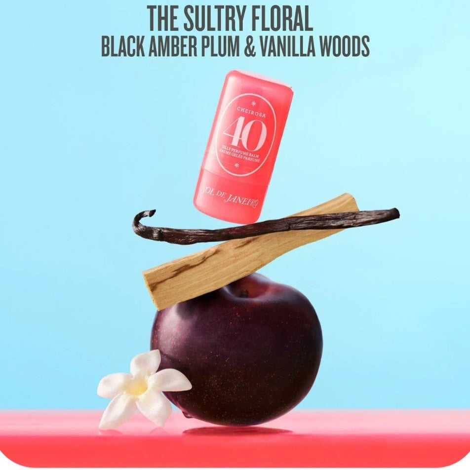 SOL DE JANEIRO PERFUME BALM 40 BLACK AMBER PLUM & VANILLA WOODS FLORAL STICK LASTS UP TO 10 HOURS