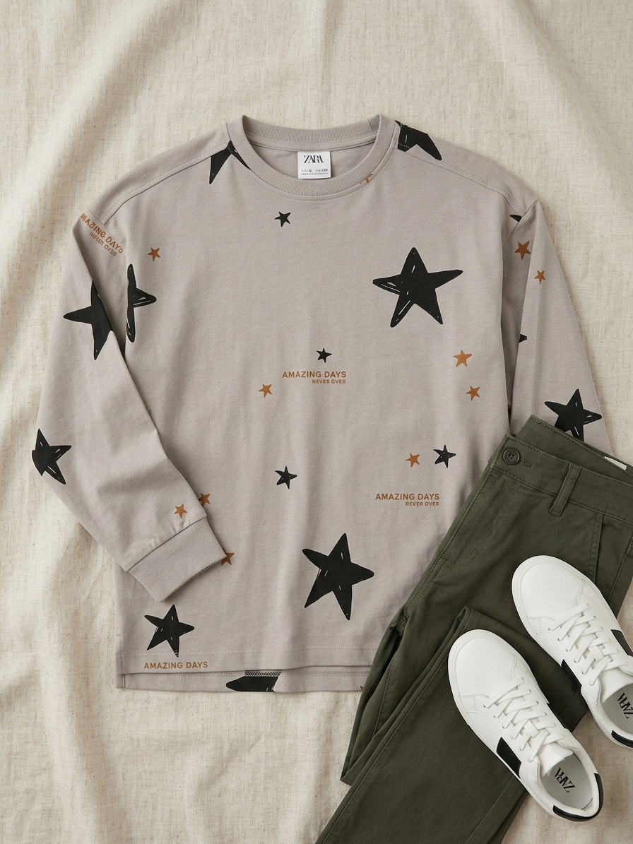 Zara Boy's Gray Stars Printed Long Sleeve Blouse | Zara In Lebanon
