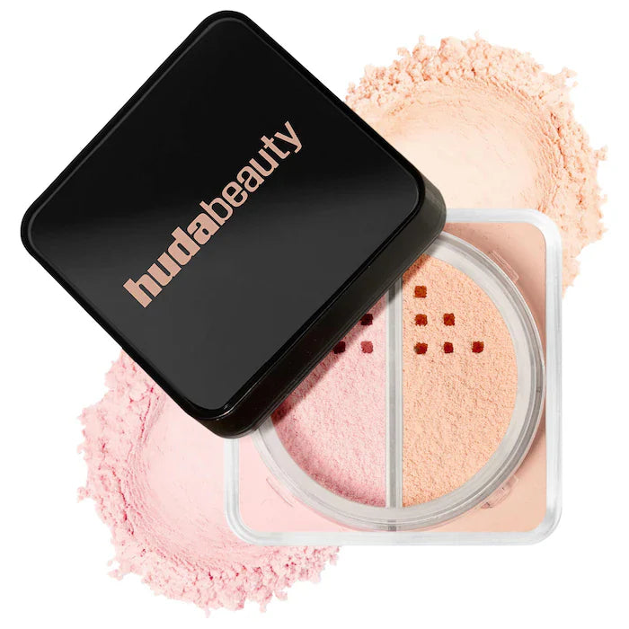 HUDA BEAUTY Easy Bake Loose Powder Brightening + Correcting Duo-Color: Cherry Peach - cherry blossom cake (sheer soft pink) & peach pie (light peach)